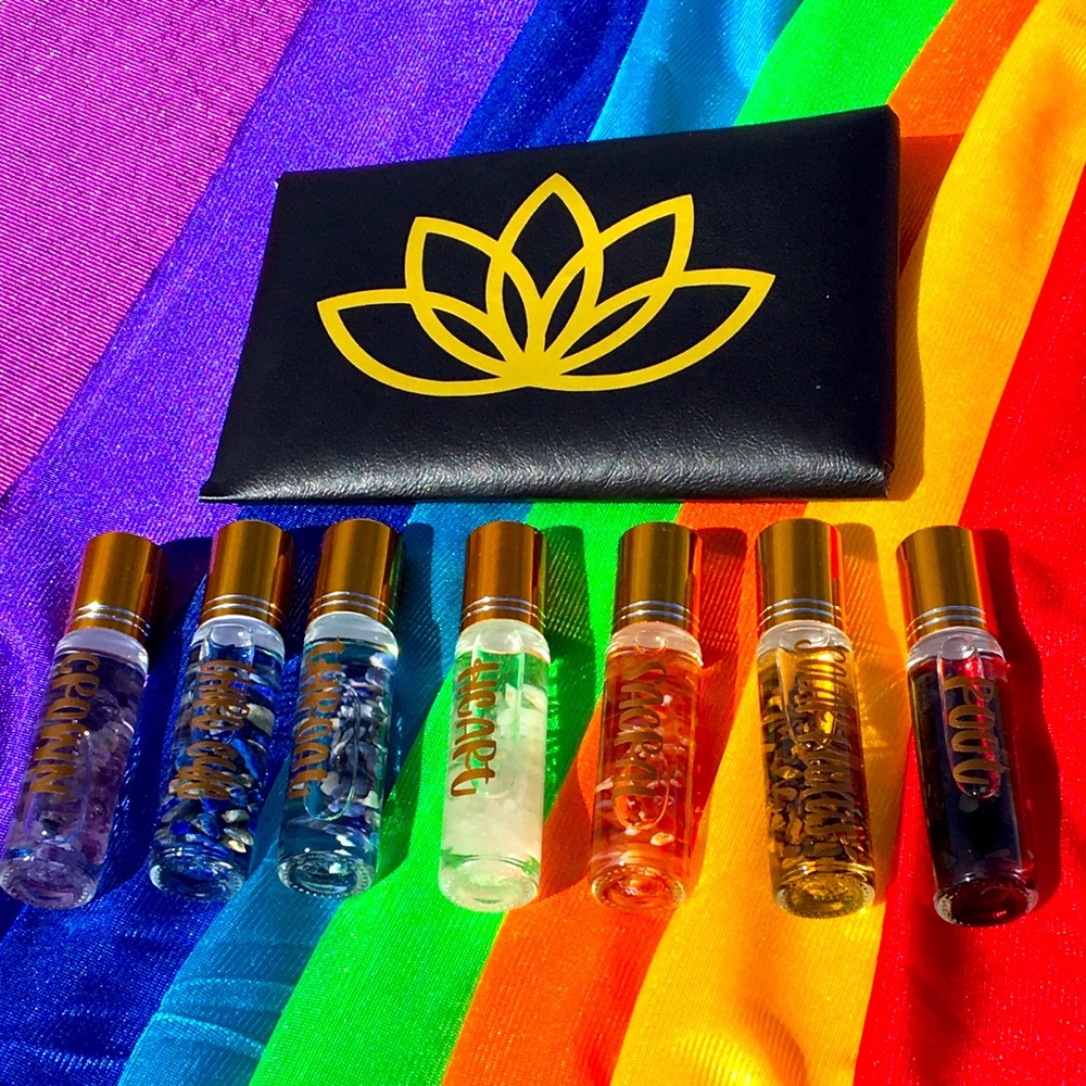 Chakra Inspired 7 set Rollerball essential oil blends w energy charged crystals
